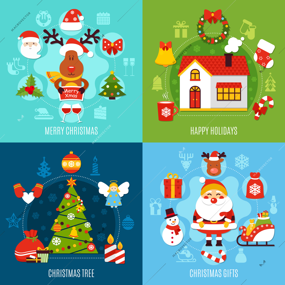 Christmas flat concept with happy holidays at home, xmas tree, gifts and festive decorations isolated vector illustration