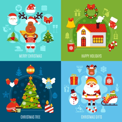 Christmas flat concept with happy holidays at home, xmas tree, gifts and festive decorations isolated vector illustration