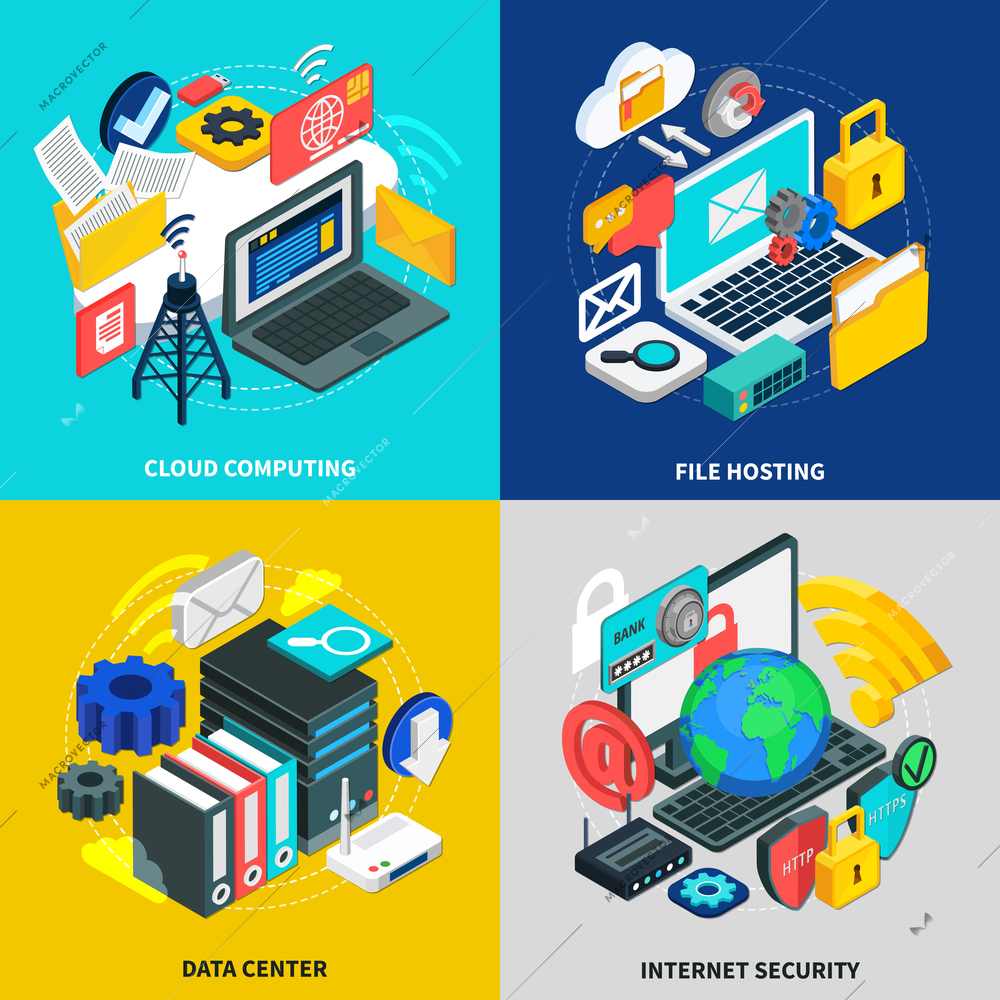 Cloud technology 2x2 design concept with square icons illustrated wireless transmission storage and access to cloud data isometric vector illustration