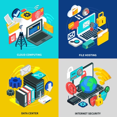 Cloud technology 2x2 design concept with square icons illustrated wireless transmission storage and access to cloud data isometric vector illustration