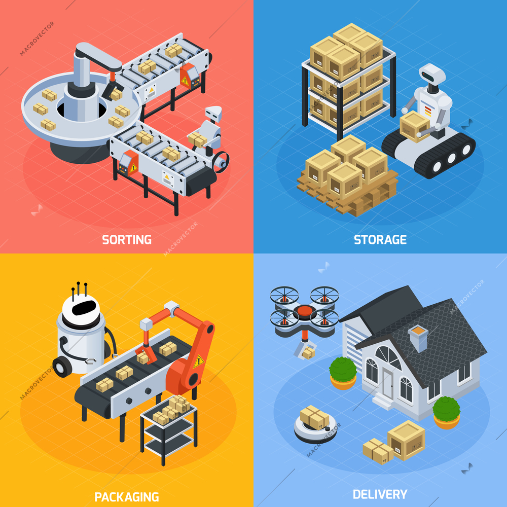 Automatic logistics concept isometric icons set with delivery symbols isolated vector illustration