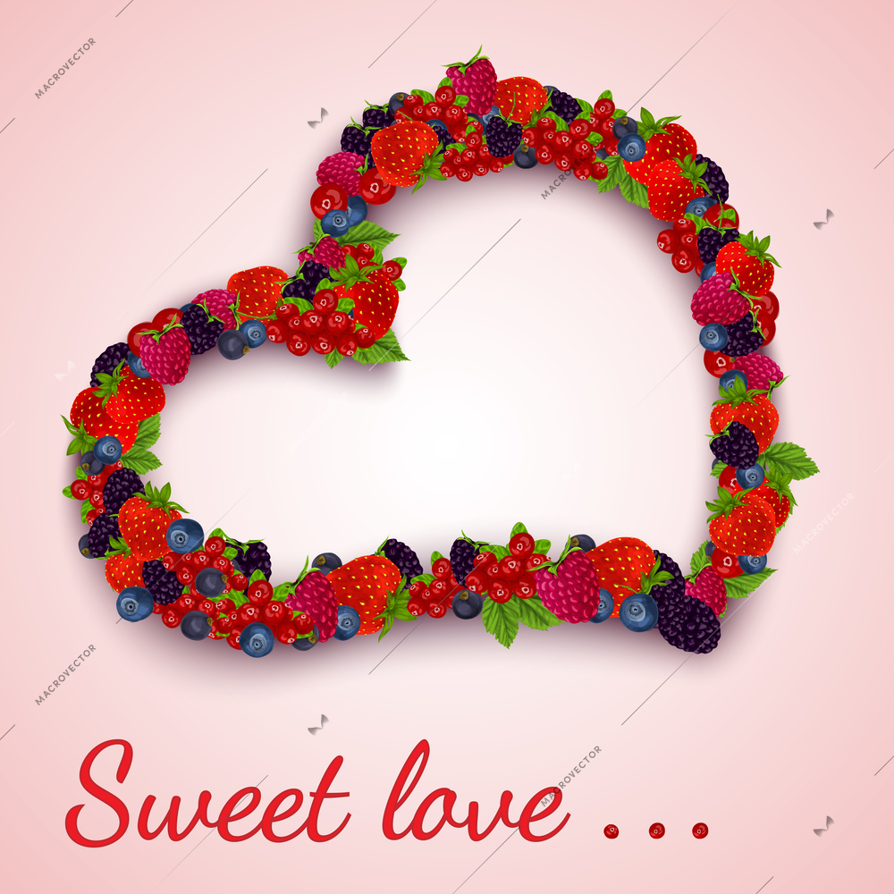 Natural organic forest berries in heart shape sweet love emblem vector illustration.