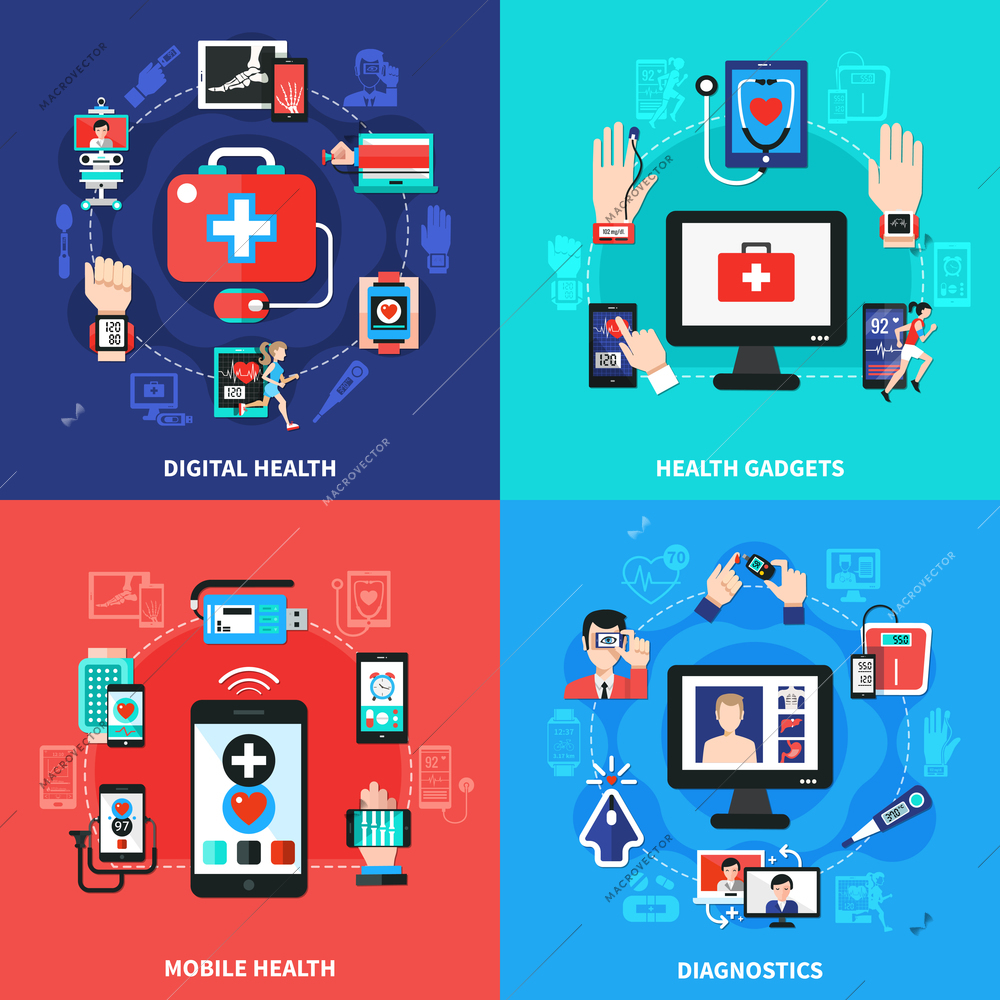 Digital health wearable gadgets for blood pressure heart rate control 4 flat icons square concept isolated vector illustration