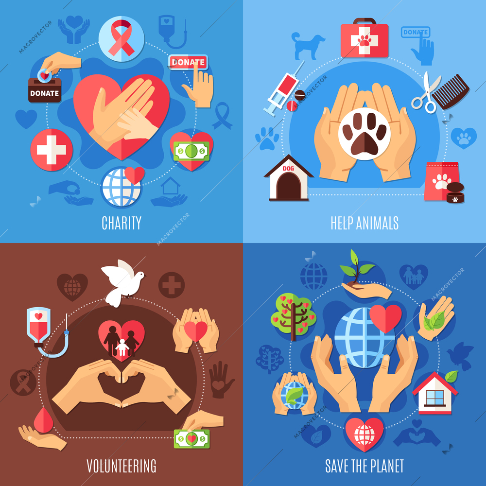 Charity design concept with compositions of flat images with human hands showing love and support with icons vector illustration