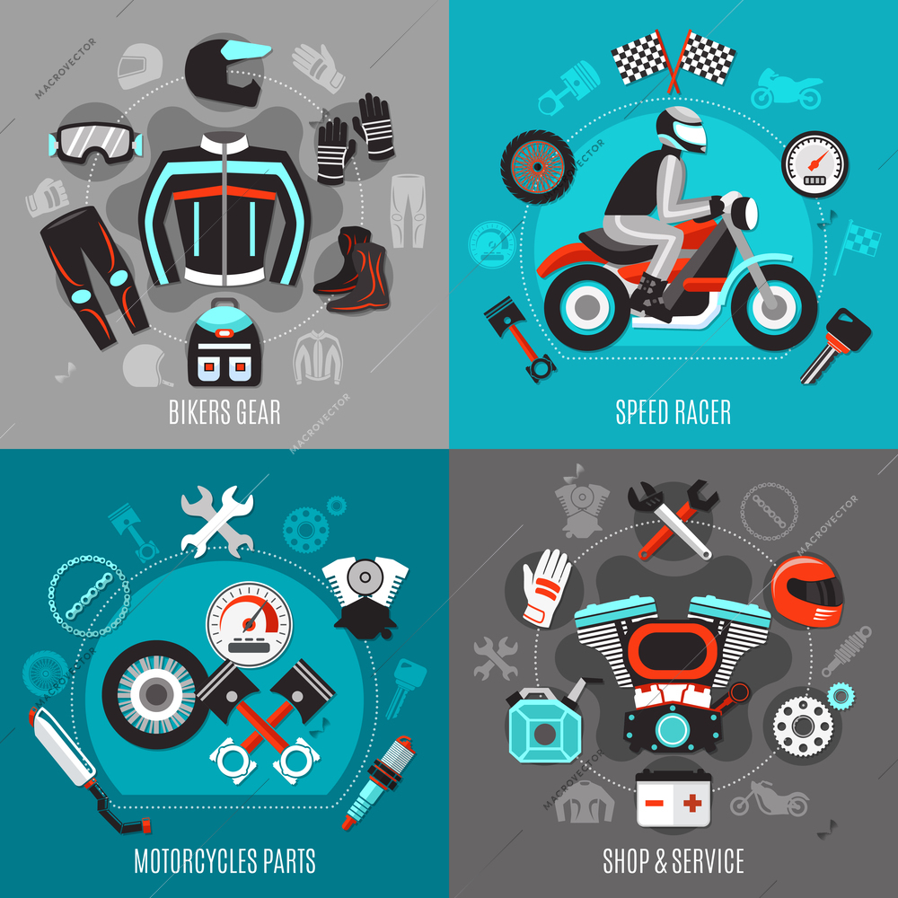 Motorcycle 2x2 design concept with bikers gear speed racer motorcycles parts shop and service square compositions flat vector illustration