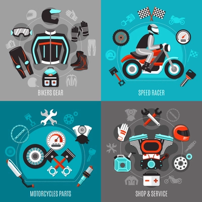 Motorcycle 2x2 design concept with bikers gear speed racer motorcycles parts shop and service square compositions flat vector illustration