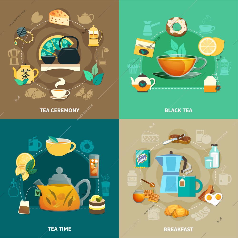 Design concept with black tea, drinking ceremony, breakfast, cups and teapots isolated on color background vector illustration