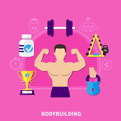 Bodybuilding flat composition with strong athlete, weight equipment, nutrition, trophy on pink background vector illustration