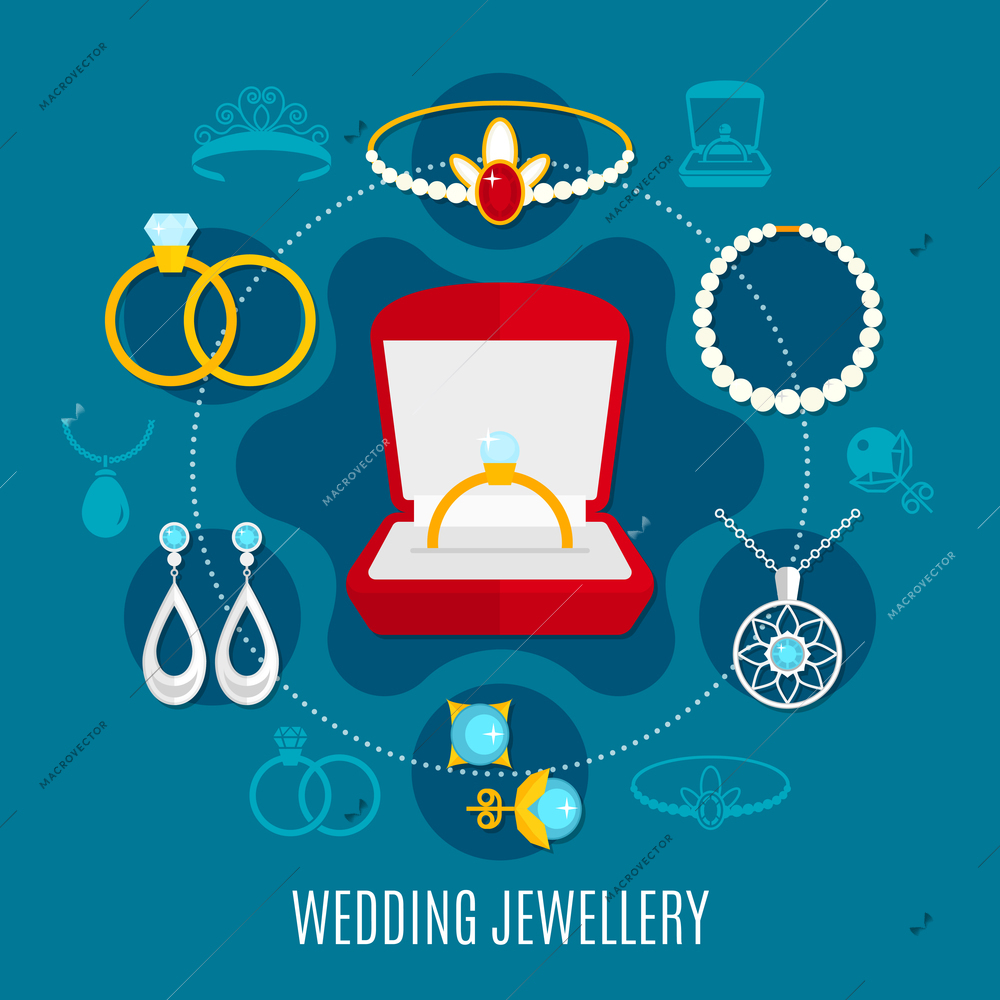 Wedding jewelry round composition with engagement rings, earrings, diadem with ruby, necklaces on blue background vector illustration