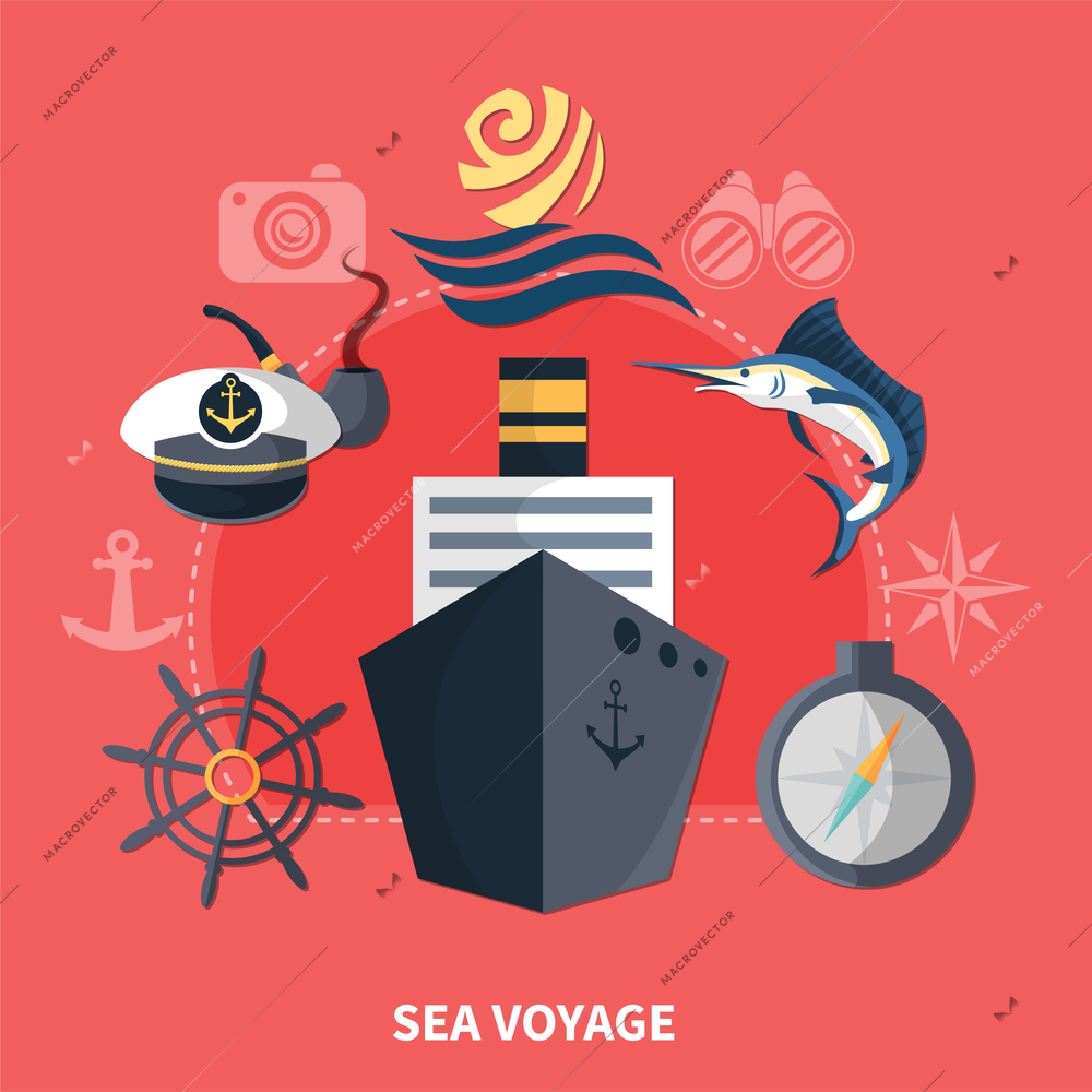 Sea voyage concept with ship fish and anchor flat vector illustration