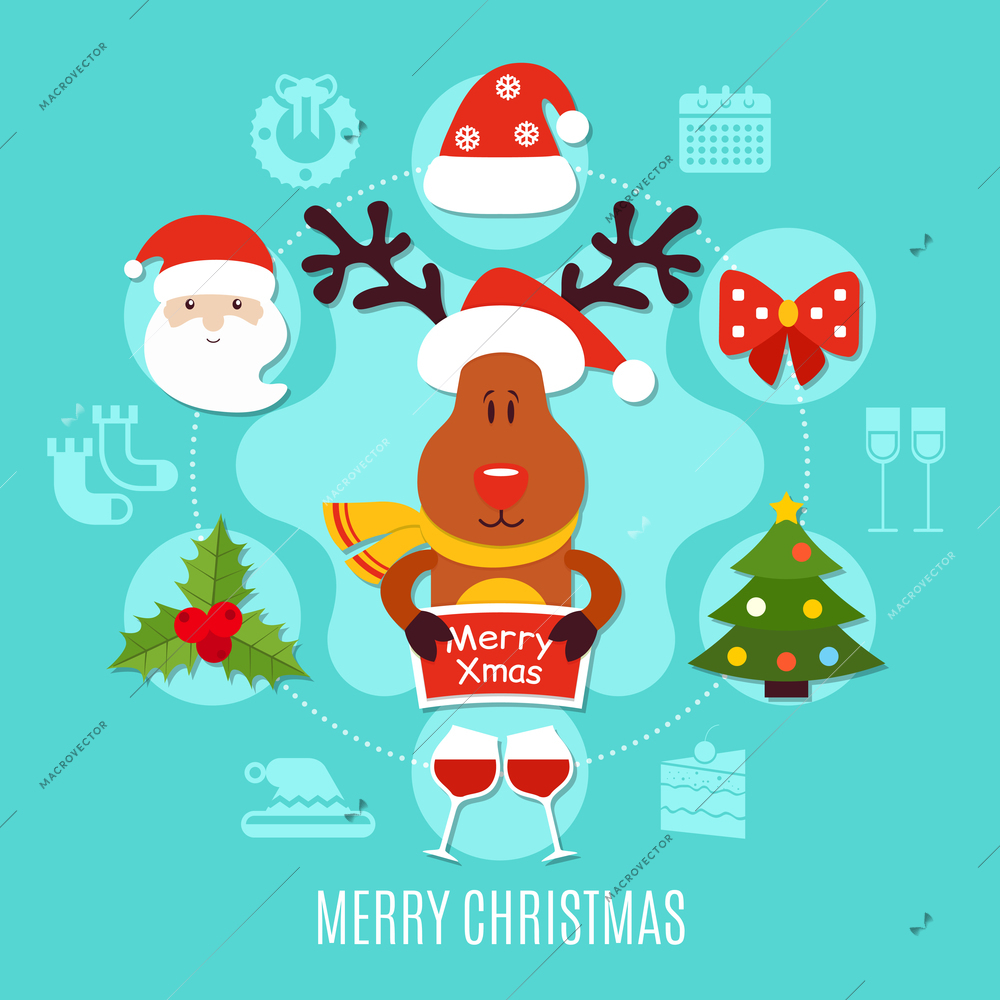 Merry xmas, round composition including santa, deer with greeting,  glasses wine on blue background flat vector illustration