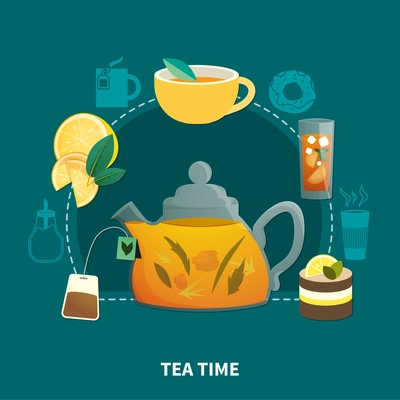 Tea time flat composition with herbs in teapot, cold drink with lemon on dark background vector illustration