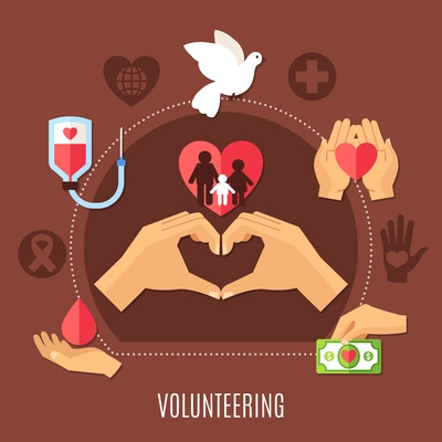 Charity round composition with image of human hands love gesture and heart icons with medical silhouette symbols vector illustration