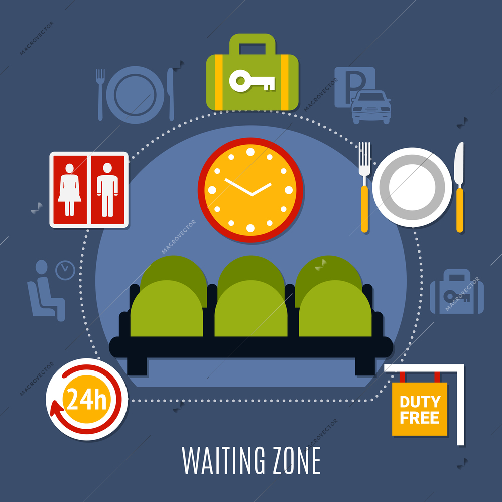 International airport waiting zone with luggage storage service restroom and duty free symbols flat poster vector illustration