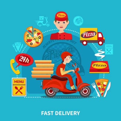 Pizza fast delivery round composition of isolated motorbike and pizza package images with funny human characters vector illustration