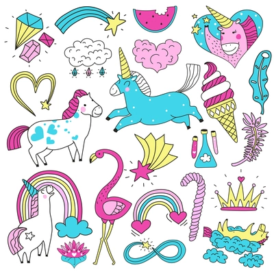 Colorful bright doodle set of cute magic horses unicorns rainbow stars hearts isolated on white background vector illustration