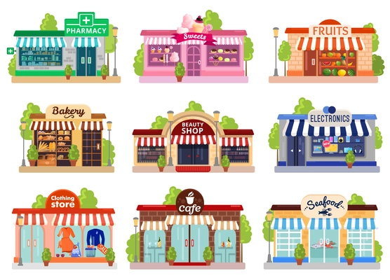 Bright colorful facades of six stores and cafes isolated on white background flat vector illustration