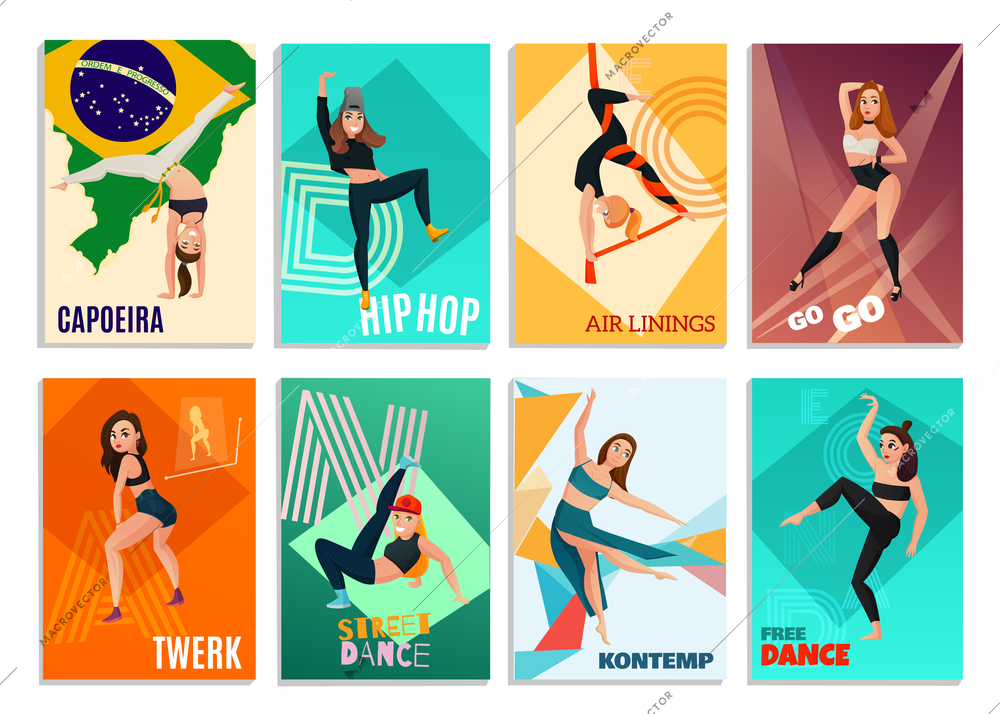 Set of vertical cards with modern dances including hip hop, go-go, aerial ribbons isolated vector illustration