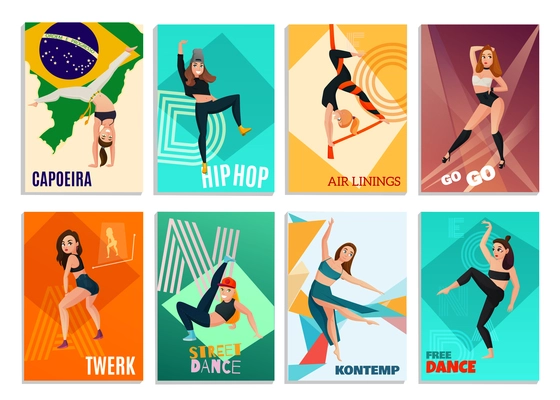 Set of vertical cards with modern dances including hip hop, go-go, aerial ribbons isolated vector illustration