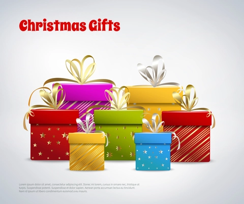 Christmas gifts design set of colorful boxes tied with golden ribbons in realistic style vector Illustration