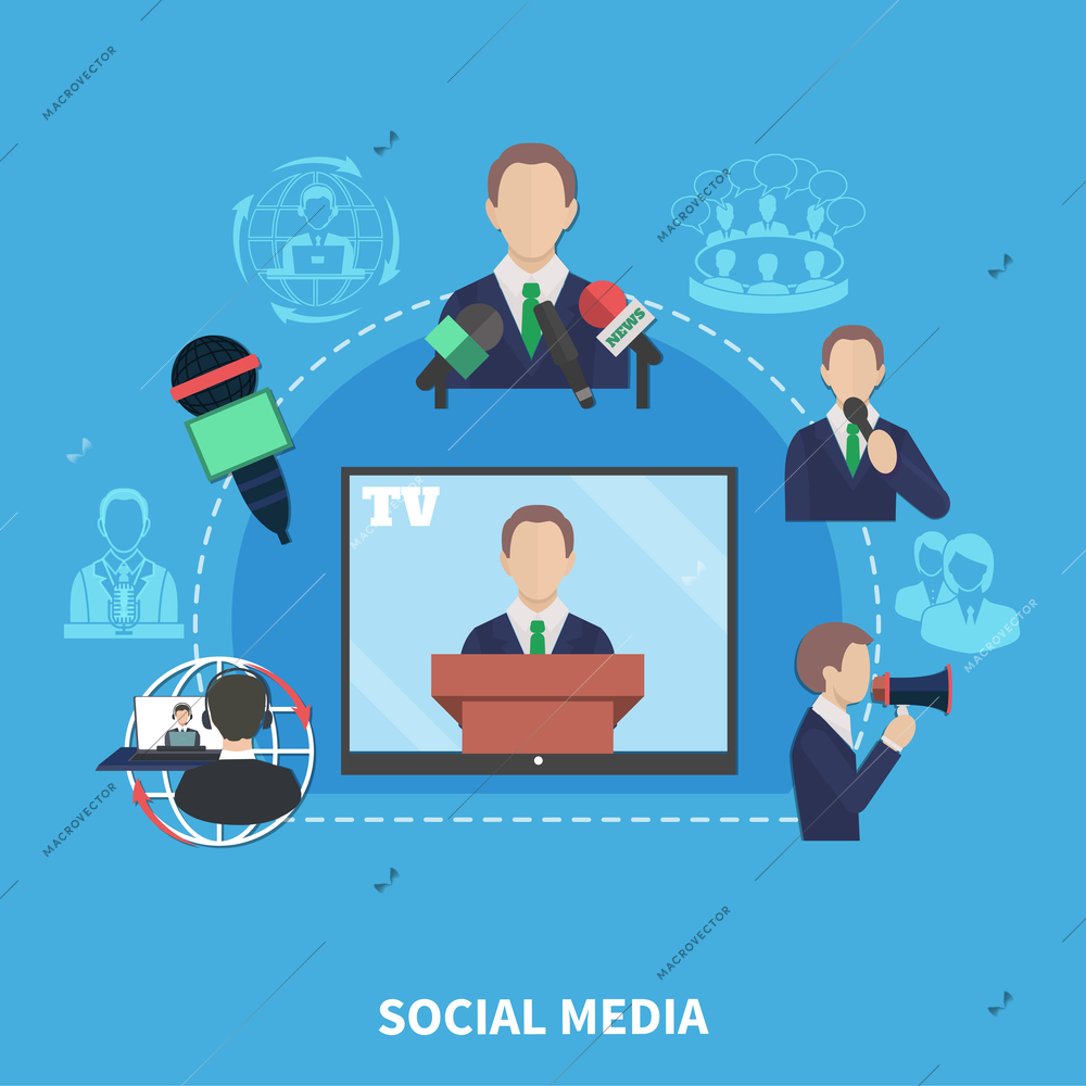 Business meeting composition of flat images with tv speaker journalists with microphones and isolated silhouette pictograms vector illustration