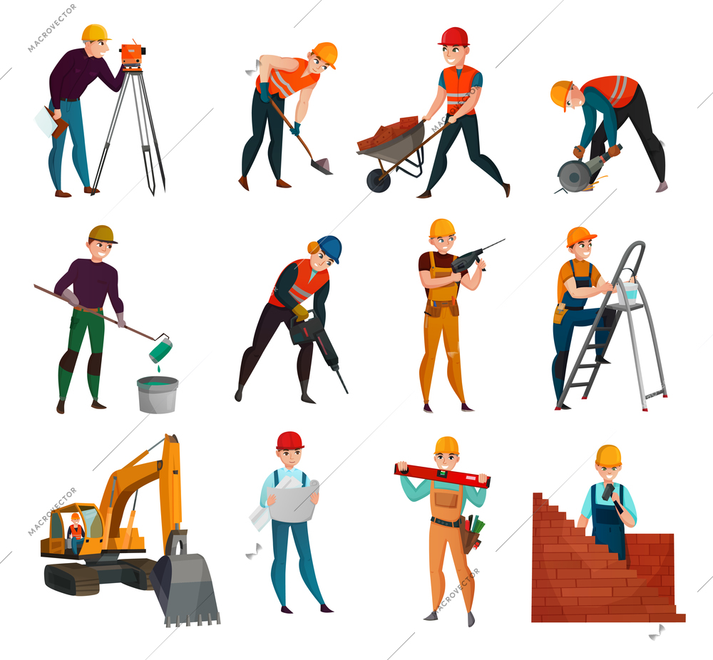 Set of construction workers in safety vests and helmets with working tool and materials isolated vector illustration