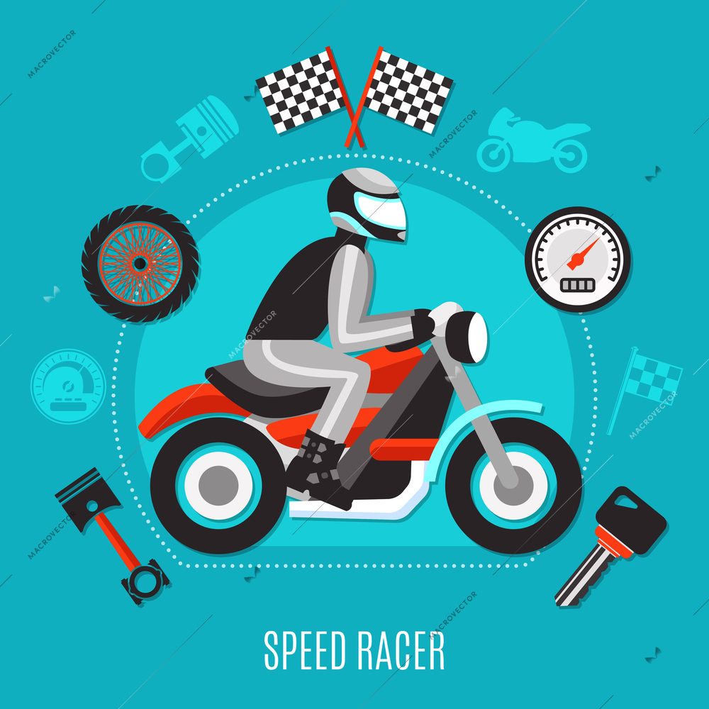 Speed Racer design concept with biker in helmet riding on motorcycle and repair parts decorative icons flat vector illustration