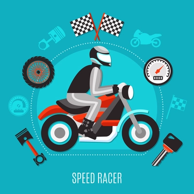 Speed Racer design concept with biker in helmet riding on motorcycle and repair parts decorative icons flat vector illustration