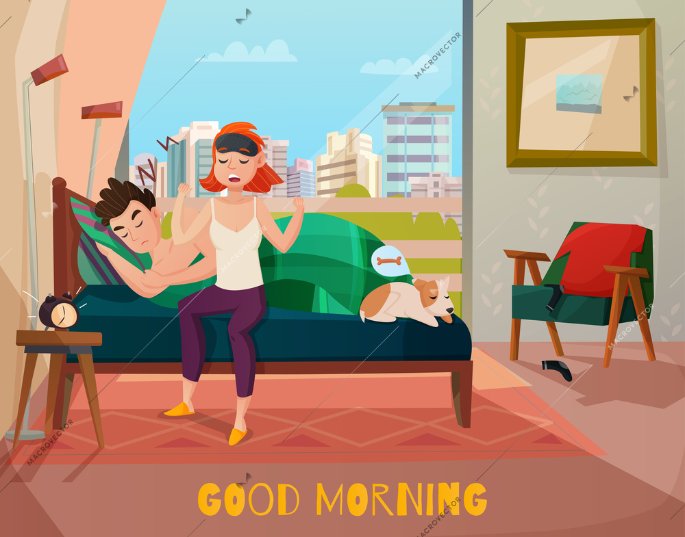 Morning waking of couple scene with sleeping man, yawning woman in pyjamas on window background vector illustration