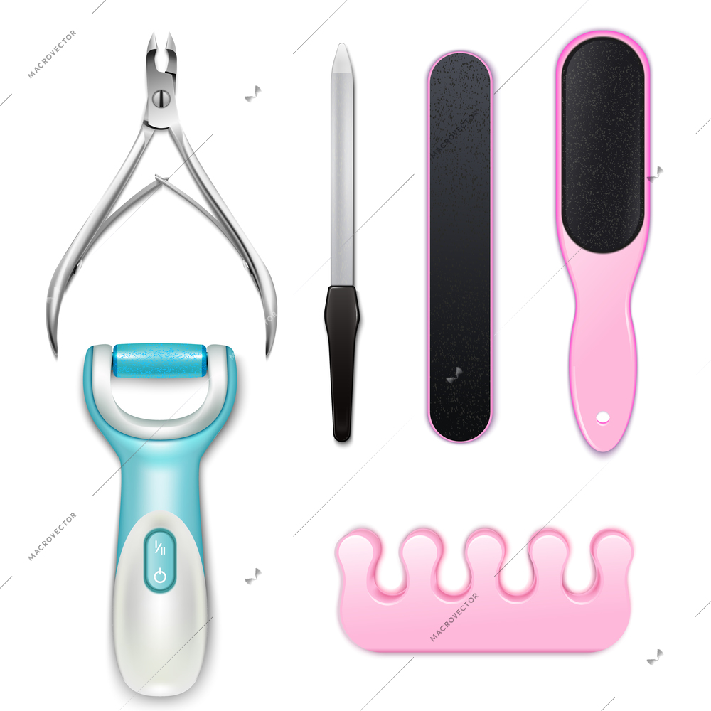 Colored and isolated pedicure tools realistic icon set with master pedicurists working tools vector illustration