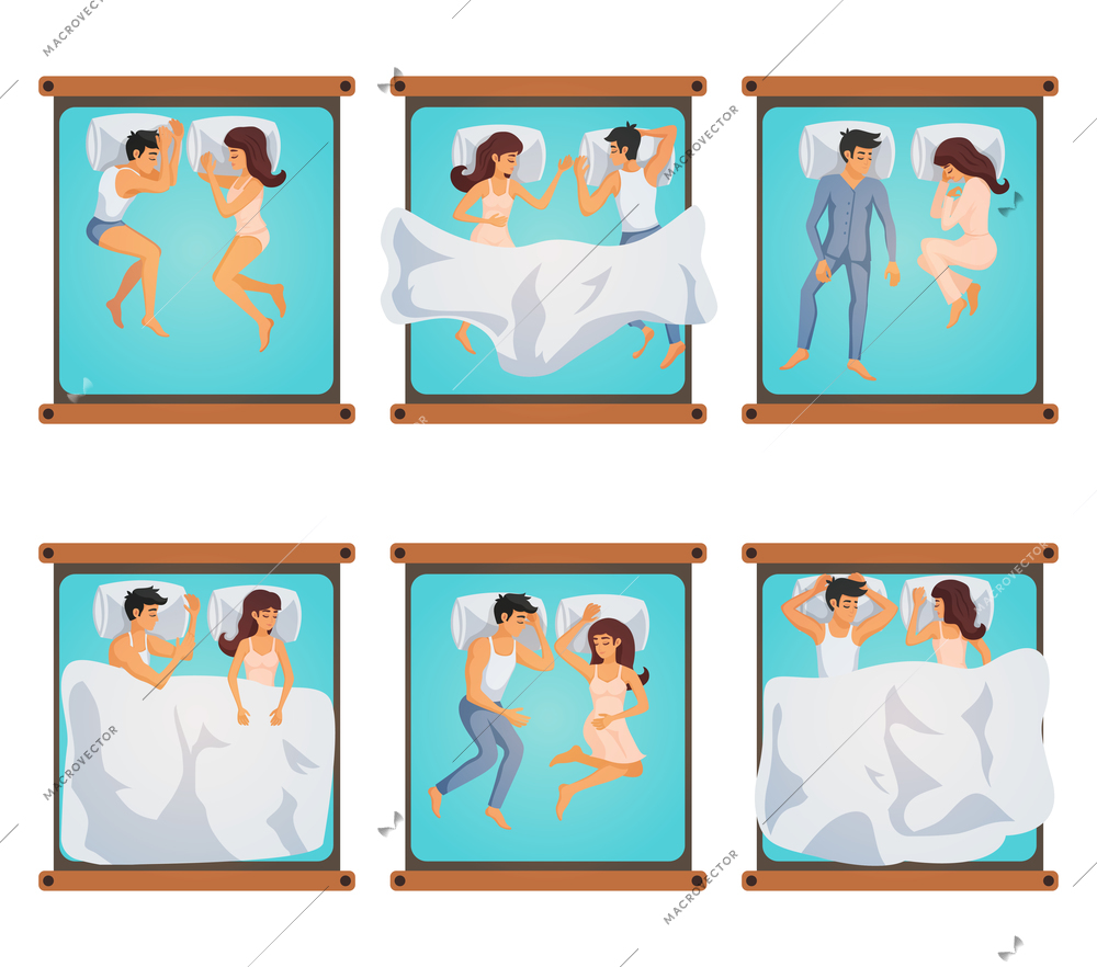 Six pairs of men and women on double bed in different sleeping poses isolated vector illustration