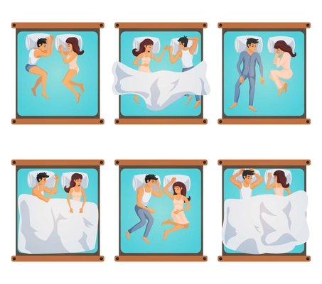 Six pairs of men and women on double bed in different sleeping poses isolated vector illustration