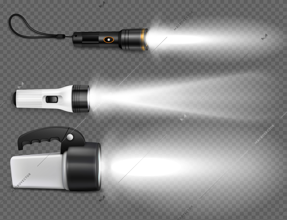 Different kinds of flashlights with beams of light on the transparent background. Side view set of realistic devices vector illustration