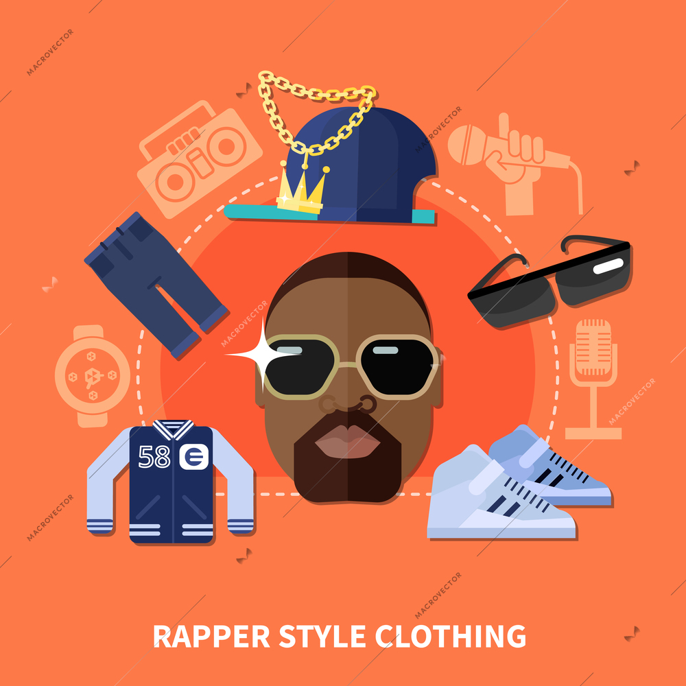 Rapper style clothing composition with garments around male african american face on orange background flat vector illustration