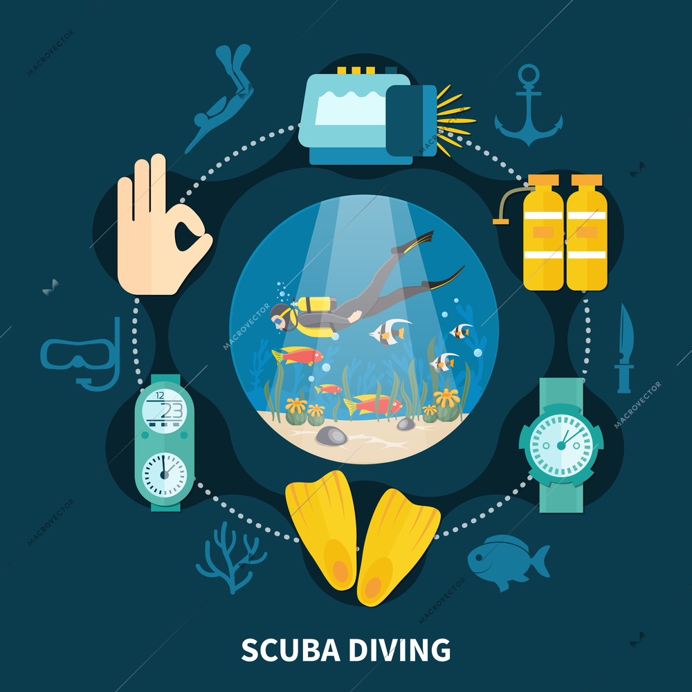 Scuba diving round composition with person swimming between fishes and icons with underwater equipment vector illustration