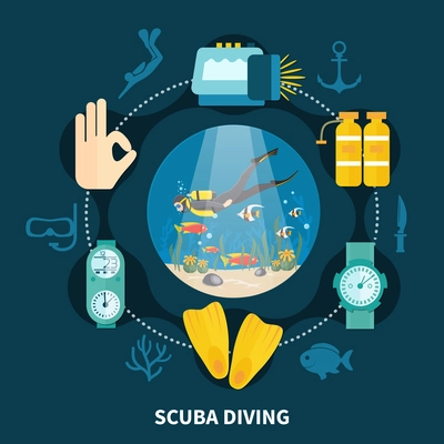 Scuba diving round composition with person swimming between fishes and icons with underwater equipment vector illustration