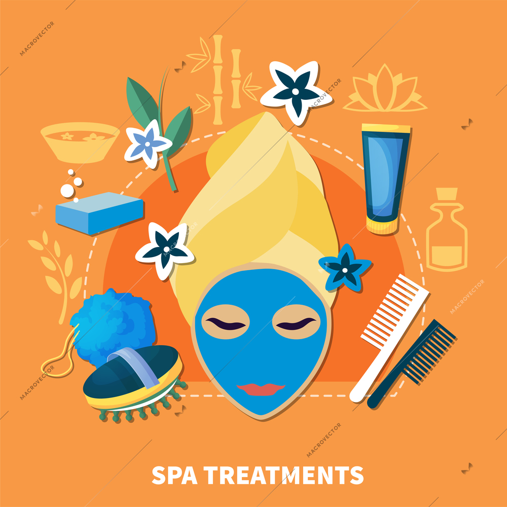 Spa resort popular treatments flat poster with facial masks body massage and hot spring water baths vector illustration