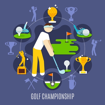 Golf championship round composition with player in game stance, trophies, sports equipment on blue background vector illustration