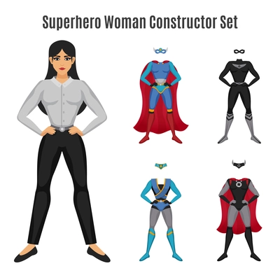 Superhero constructor set with woman in confident pose with serious face and colorful costumes isolated vector illustration