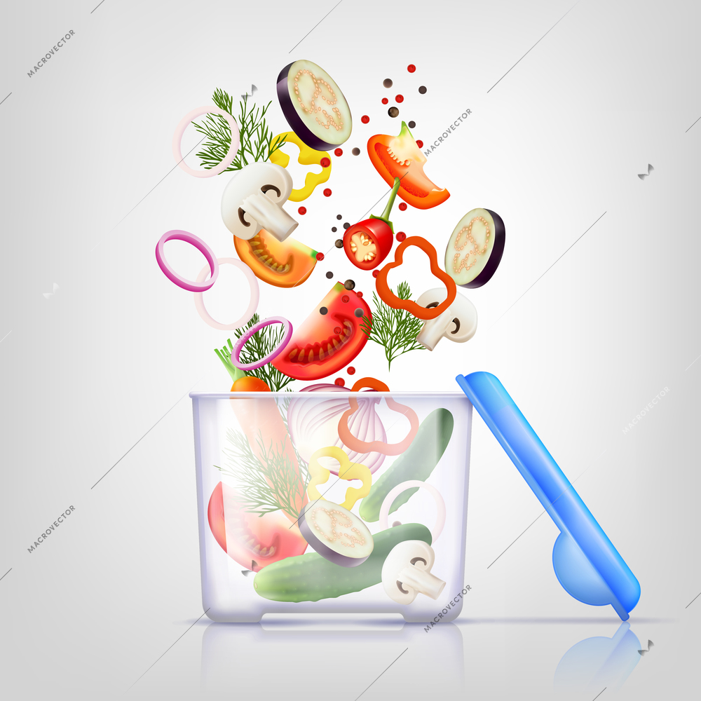 Colored and isolated plastic food containers and vegetables realistic composition with art motion vector illustration