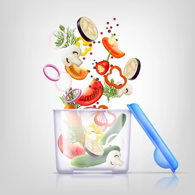 Colored and isolated plastic food containers and vegetables realistic composition with art motion vector illustration