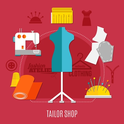 Tailor shop concept with needles pins and cloth flat vector illustration