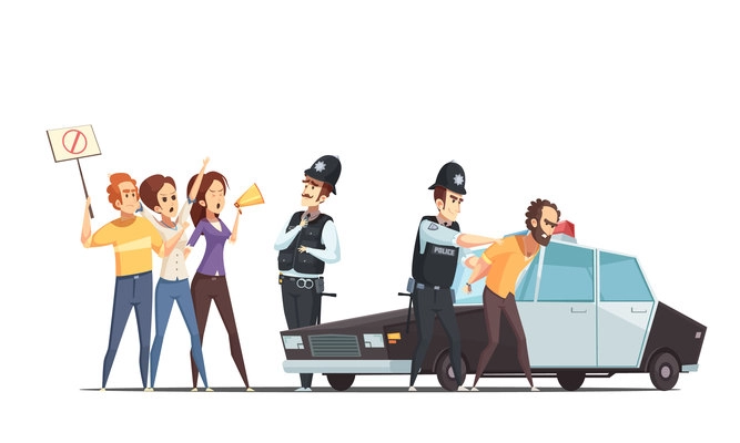 Protesting crowd and police design concept with group of emotional people and protester apprehended by officers cartoon vector illustration