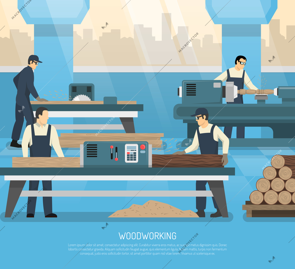 Woodworking conceptual composition with human characters of workers machine tools and equipment with editable text vector illustration