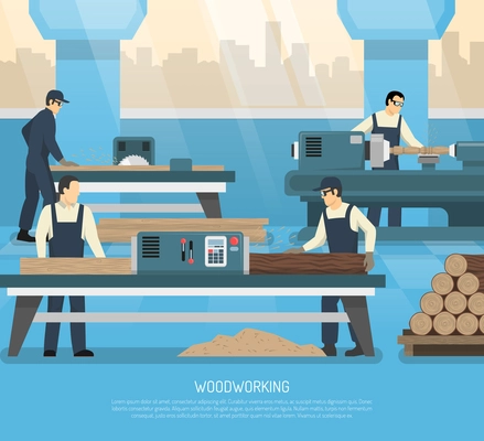 Woodworking conceptual composition with human characters of workers machine tools and equipment with editable text vector illustration