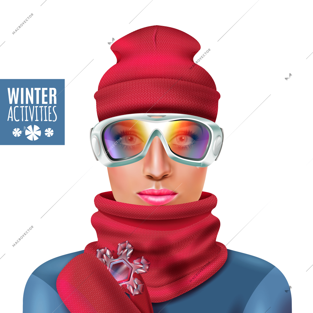 Colored ski suit winter woman composition with red hat and scarf winter activities descriptions vector illustration