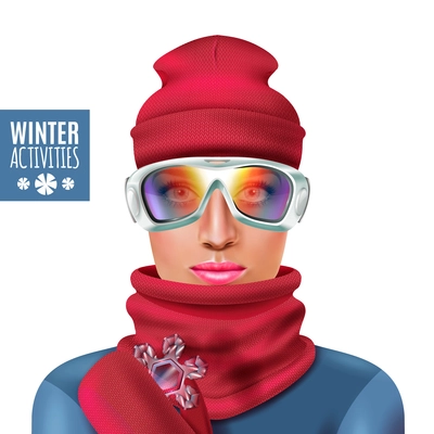 Colored ski suit winter woman composition with red hat and scarf winter activities descriptions vector illustration