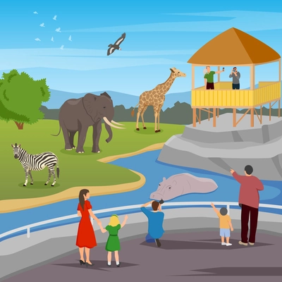 Zoo flat colored composition with adults and kids looking for wild animals living in zoo vector illustration