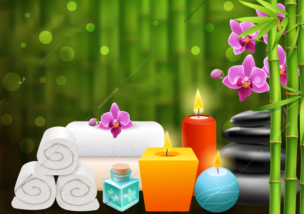 Spa bright background with bamboo shoots colorful aroma candles white towels black stones and purple orchid flowers realistic vector illustration