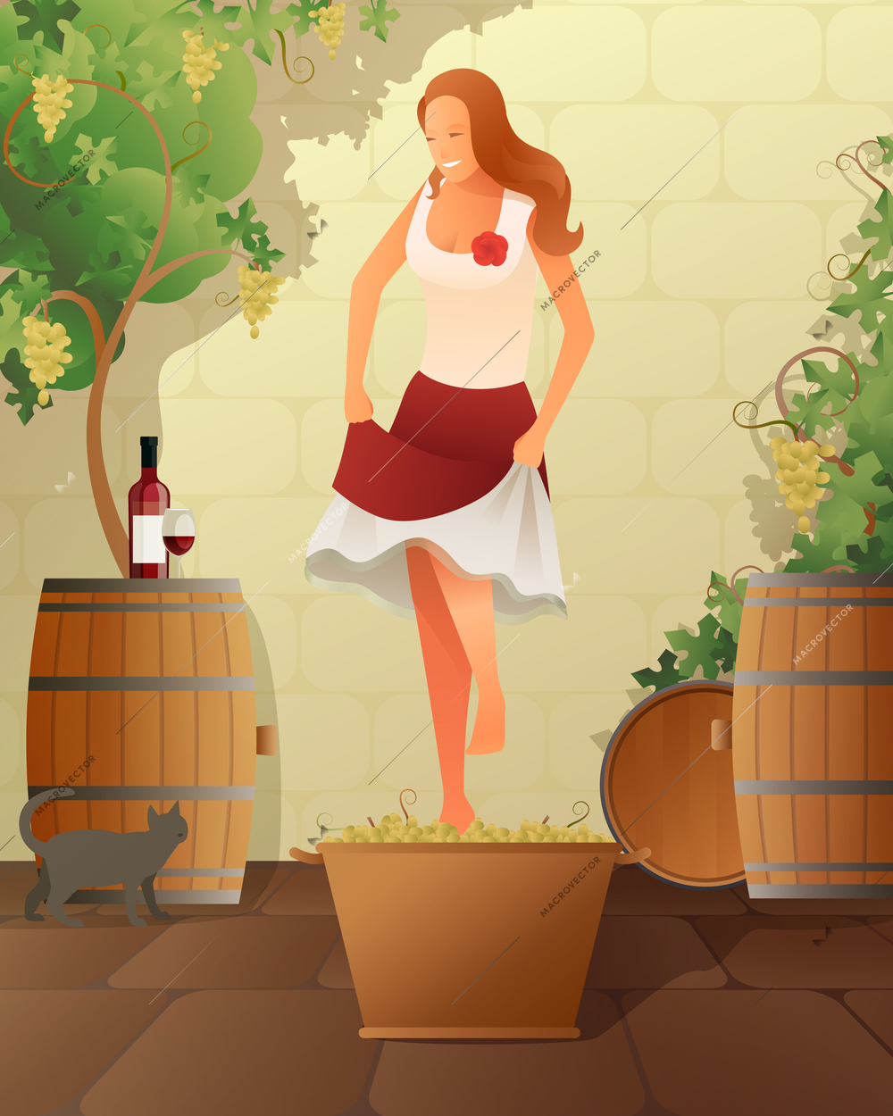 Wine festival with woman barrel and grapes gradient flat vector illustration